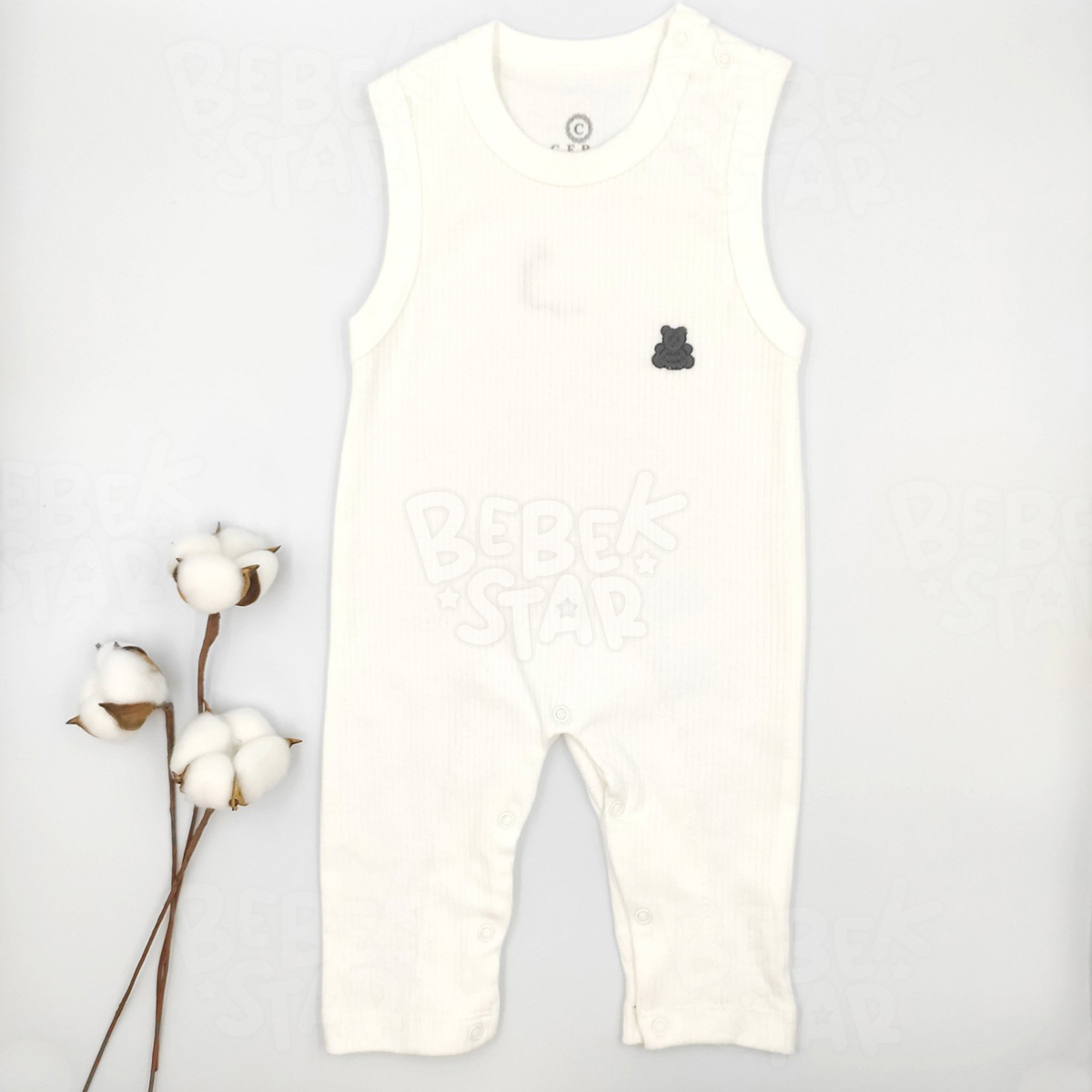 Fitilli Kolsuz Krem Bebek Tulumu %100 Cotton